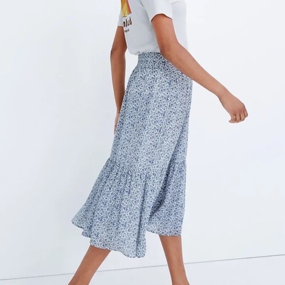 Madewell Tiered Peasant Flowy Blue & White Floral Midi Skirt, NWT Sz 2XL